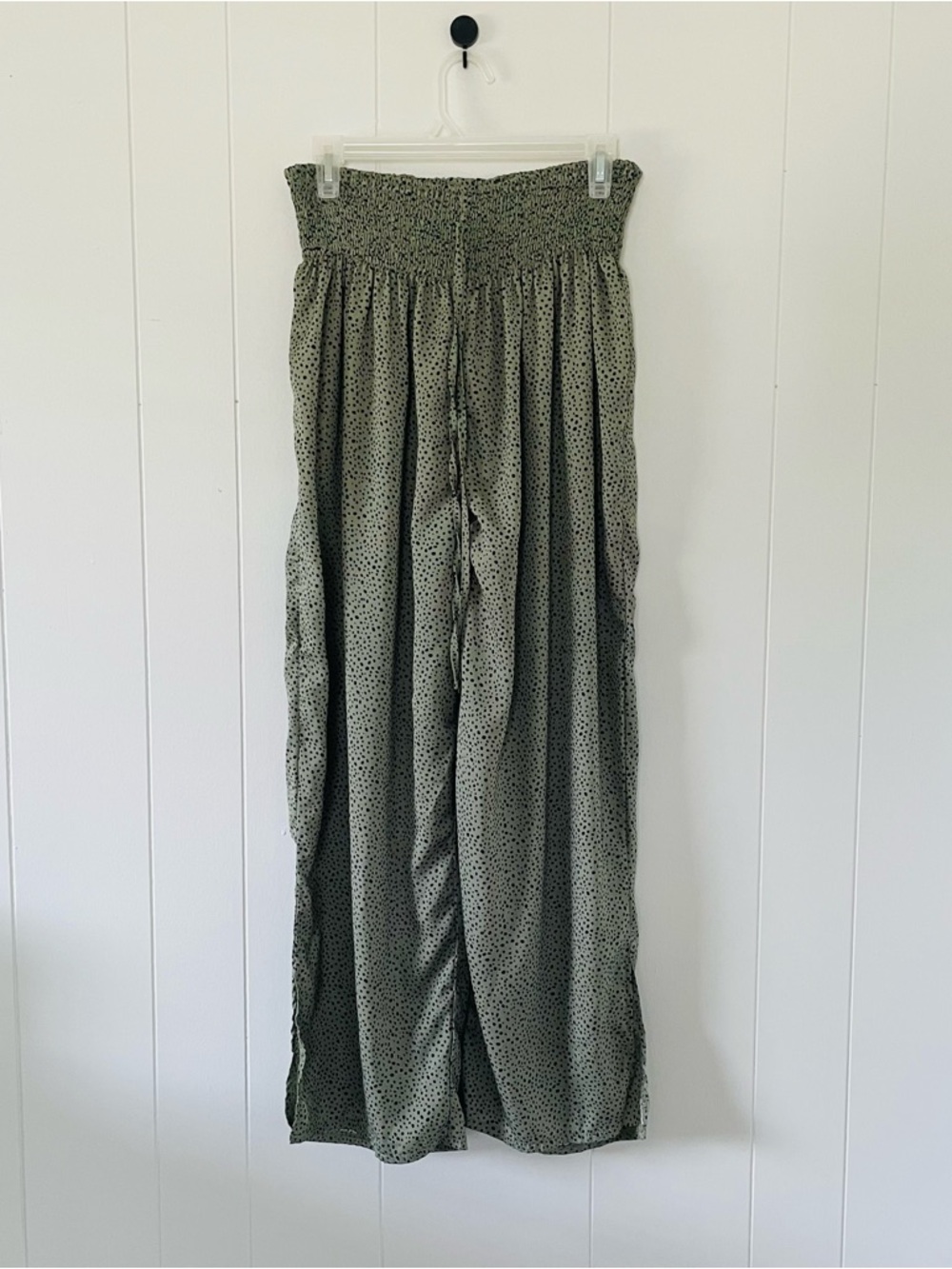 Smocked Waist Wide Leg Pants in Olive Green Dot Print